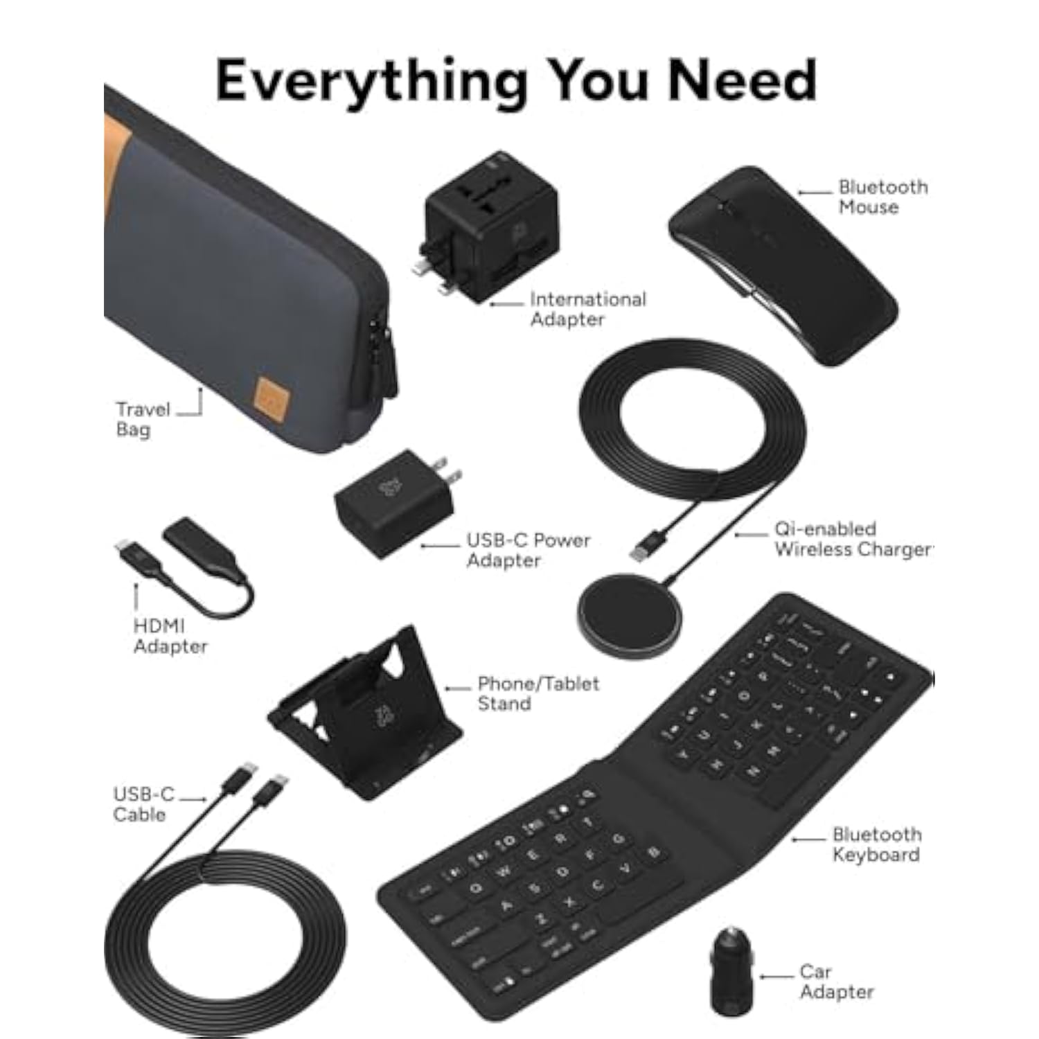 ZAGG Desktop Essentials International Travel Kit - International Power Adapter, Foldable Bluetooth Keyboard, Mouse, Wireless Charger, USB C Charging Cable, HDMI, Car Charger, 20W USB C Charging Block