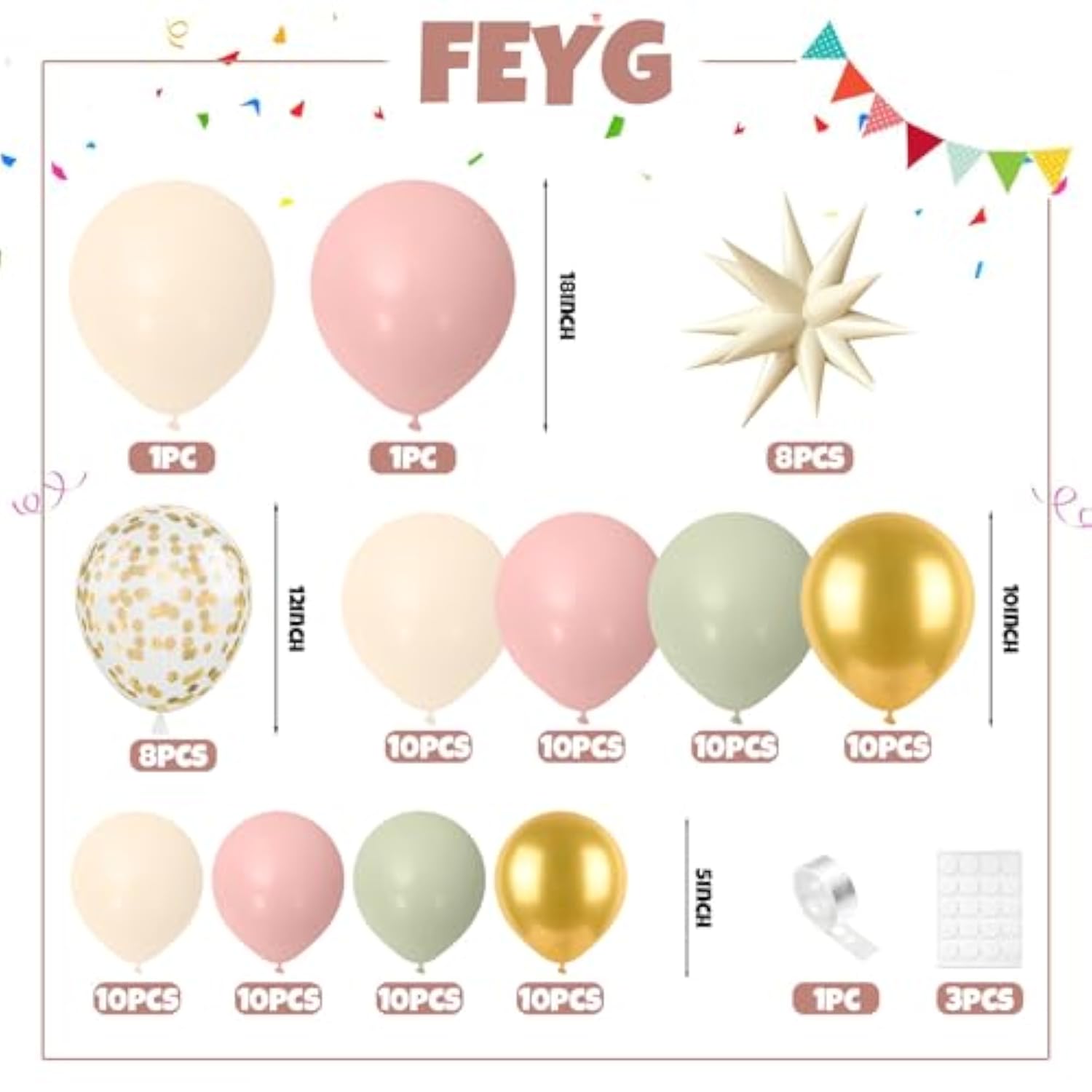 Sage Green Pink Balloon Arch Garland Kit, Sage Green Pink Sand White Beige Balloons With Gold Confetti Balloon Star Balloons For Jungle Safari Bridal Baby Shower Birthday Party Decoration