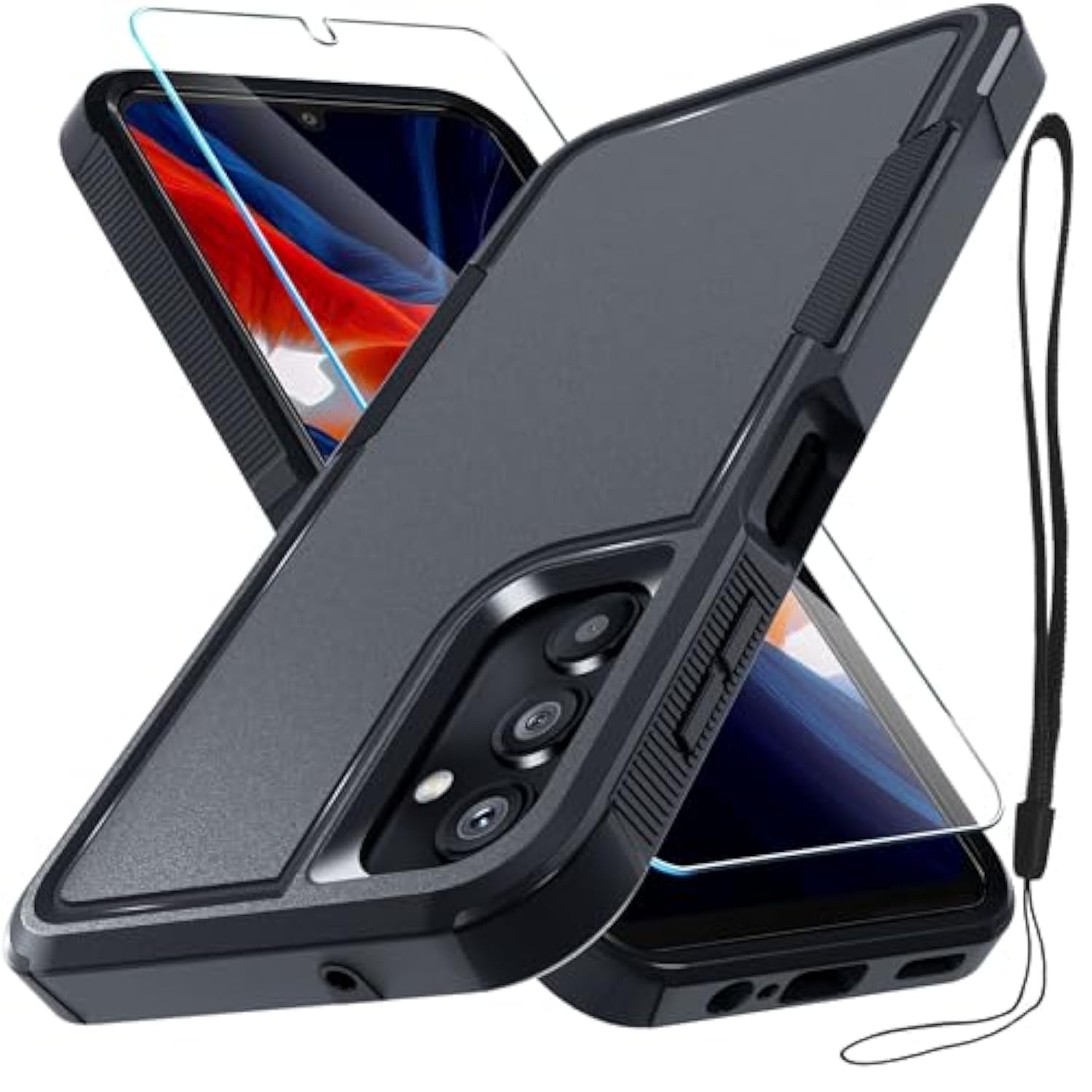 Case For Samsung Galaxy A25, Full Body Heavy Duty Rugged Shockproof Protective Phone Cover With Lanyard Strap, Tempered Glass Screen Protector, Black Matte