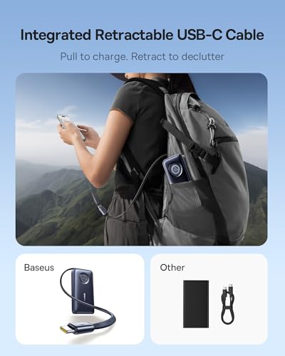 Enercore Power Bank, 10000mAh Fast Charging Portable Charger Built-in 45W Retractable USB-C Cable, Battery Pack for iPhone 16/15 Series, ,