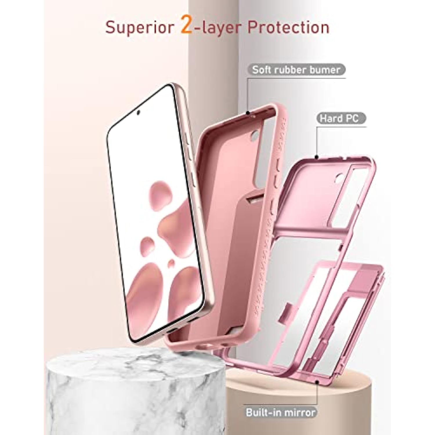 Samsung Galaxy S22 Case Wallet Case With Credit Card Holder & Hidden Mirror, All-Round Protection Shockproof Phone Cover Designed For Samsung Galaxy S22 5G, 6.1 Inch Rose Gold