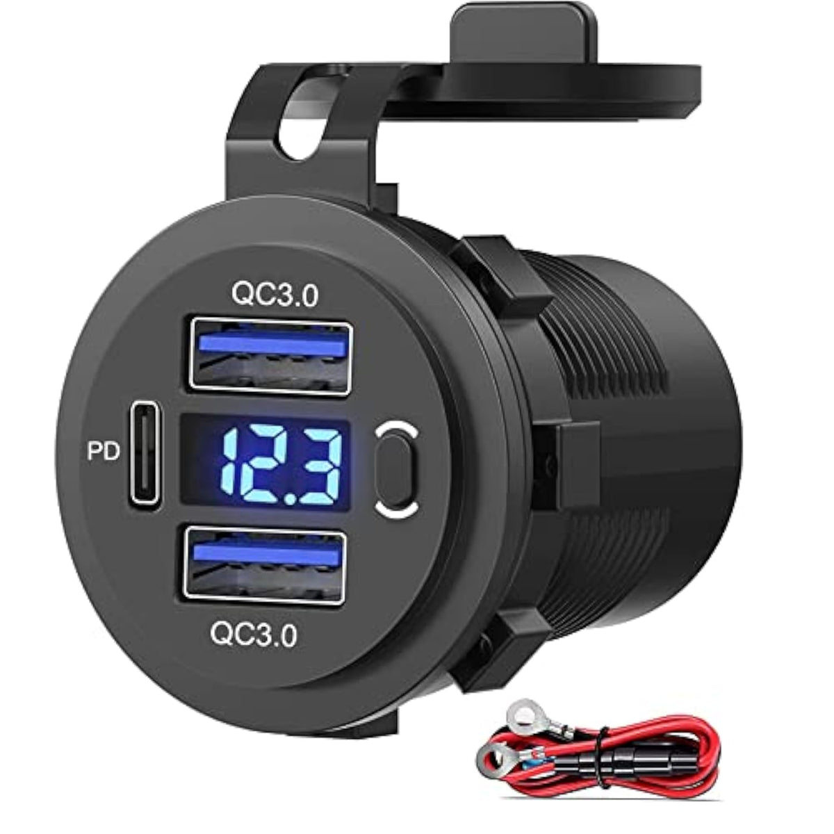 Dual Usb Quick Charge 3.0 Port & Pd Usb C Car Charger Socket, 12V Usb Outlet With Voltmeter And Power Switch For Car Boat Marine Truck
