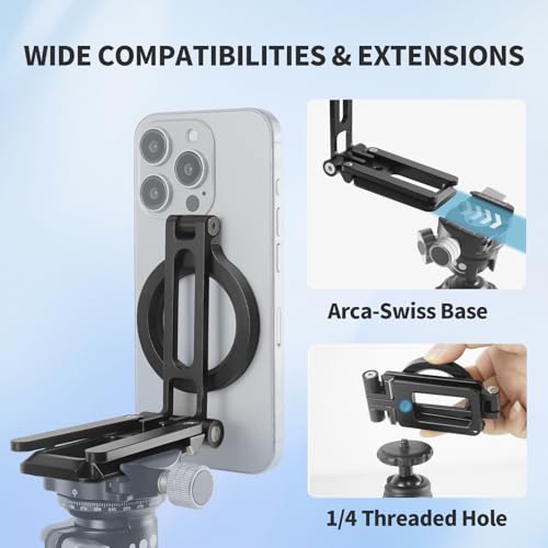 Magnetic Phone Tripod Stand 1/4" Screw Aluminum Mini Foldable Tripod for Cell Phone, Travel Essential Adjustable iPhone Stand for Desk/Handheld,