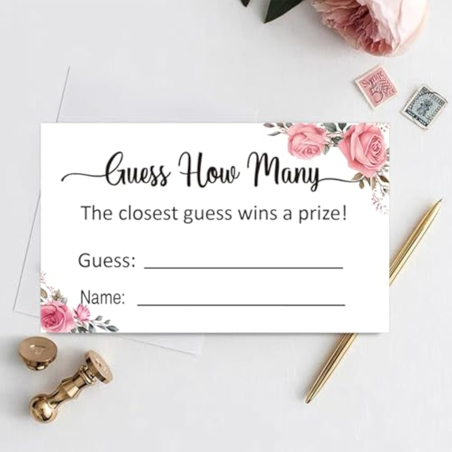 Guess How Many Game Cards, Baby Shower Bridal Shower Game Cards (Pink Rose 3.5" X 2") 50 Pieces