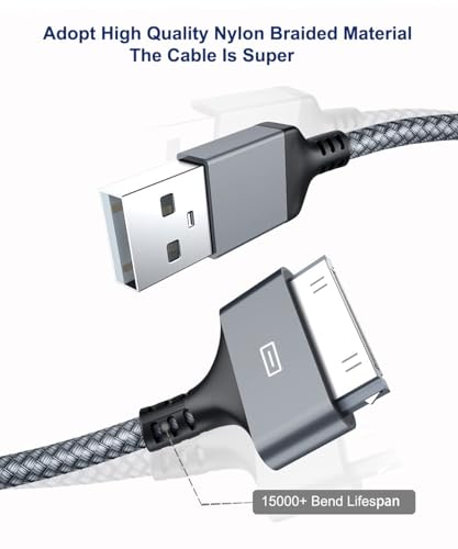 USB Charging Cable 6.6FT 2PCS, 30Pin USB Sync Cable High Speed Sync Charging Cord for iPhone 4 4s 3G 3GS iPad 1 2 3 iPod Classic Touch Nano