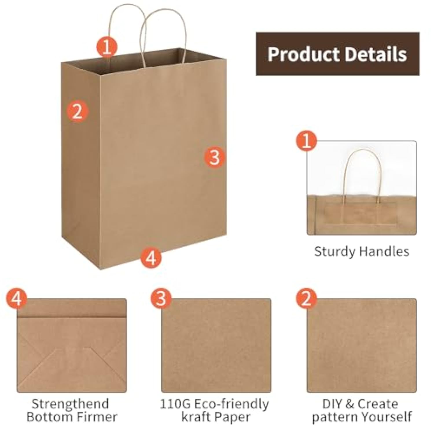50 Pack 10X5X13 Plain Natural Brown Kraft Paper Bags With Handles Bulk For Birthday Party Favors Grocery Retail Shopping Business Goody Recycled Craft Gift Bags (Large Size, 50 Count)