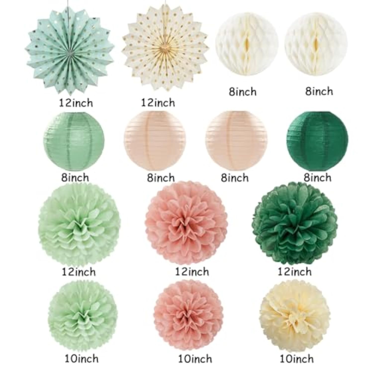 Sage-Green Pink-Beige Boho Party-Decorations Streamers - 14Pcs Rustic Neutral Wedding Olive Paper Honeycomb Lanterns Fan,Birthday Baby Bridal Shower Engagement Decor