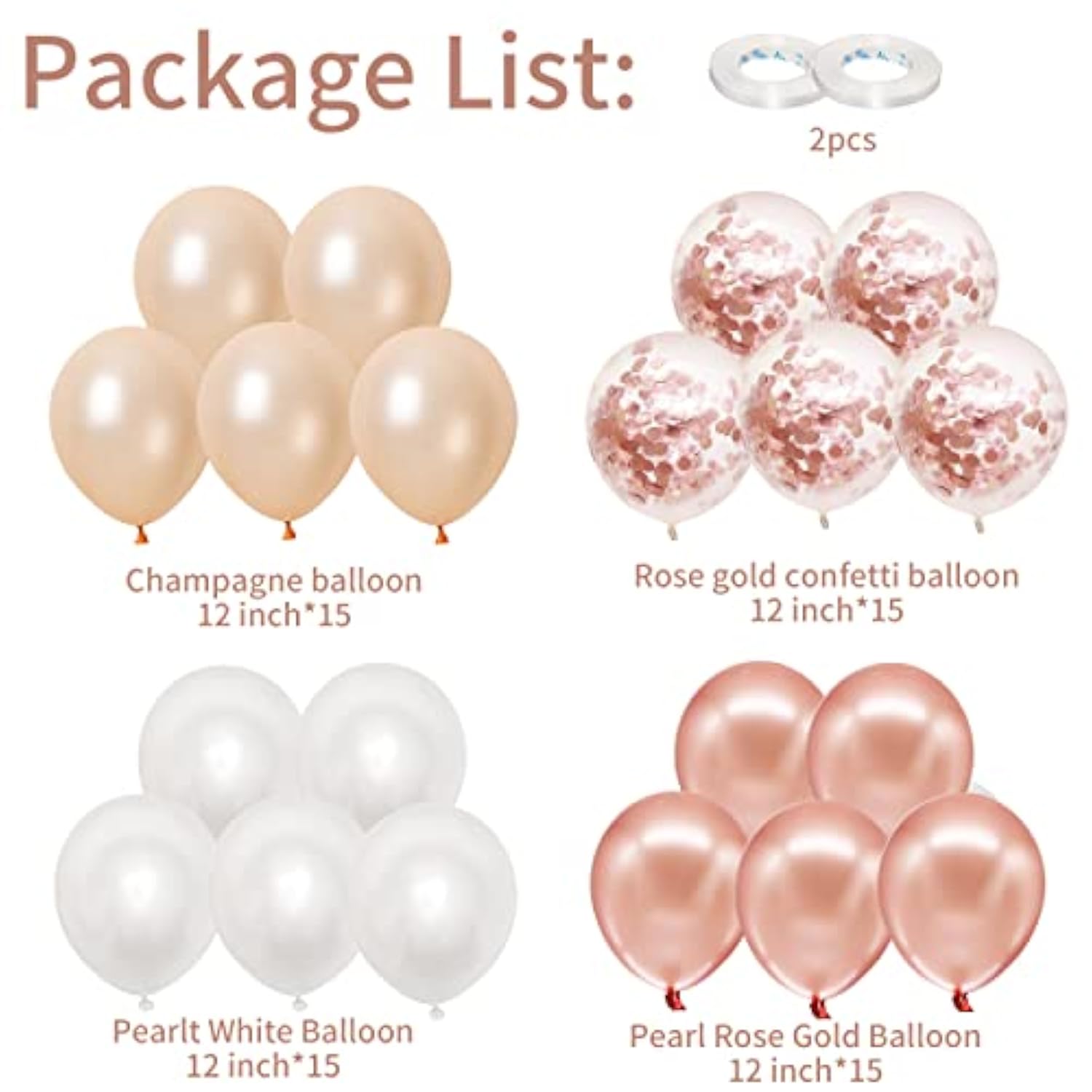 Rose Gold Balloons, 60Pcs 12Inch Rose Gold White Champagne Latex Balloon Confetti Balloons With Ribbon For Wedding, Baby Shower, Birthday, Engagement, Bridal Shower, Princess Party