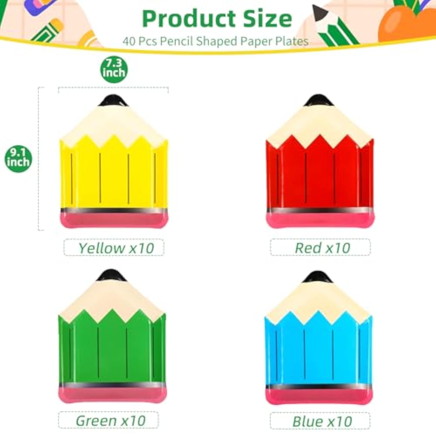 40 Pcs Pencil Shaped Paper Plates – 9 Inch 4 Colors Disposable Plates For Back To School, First Day Of School, Teacher Appreciation, Kids Birthday, Kindergarten Graduation Classroom Party Supplies