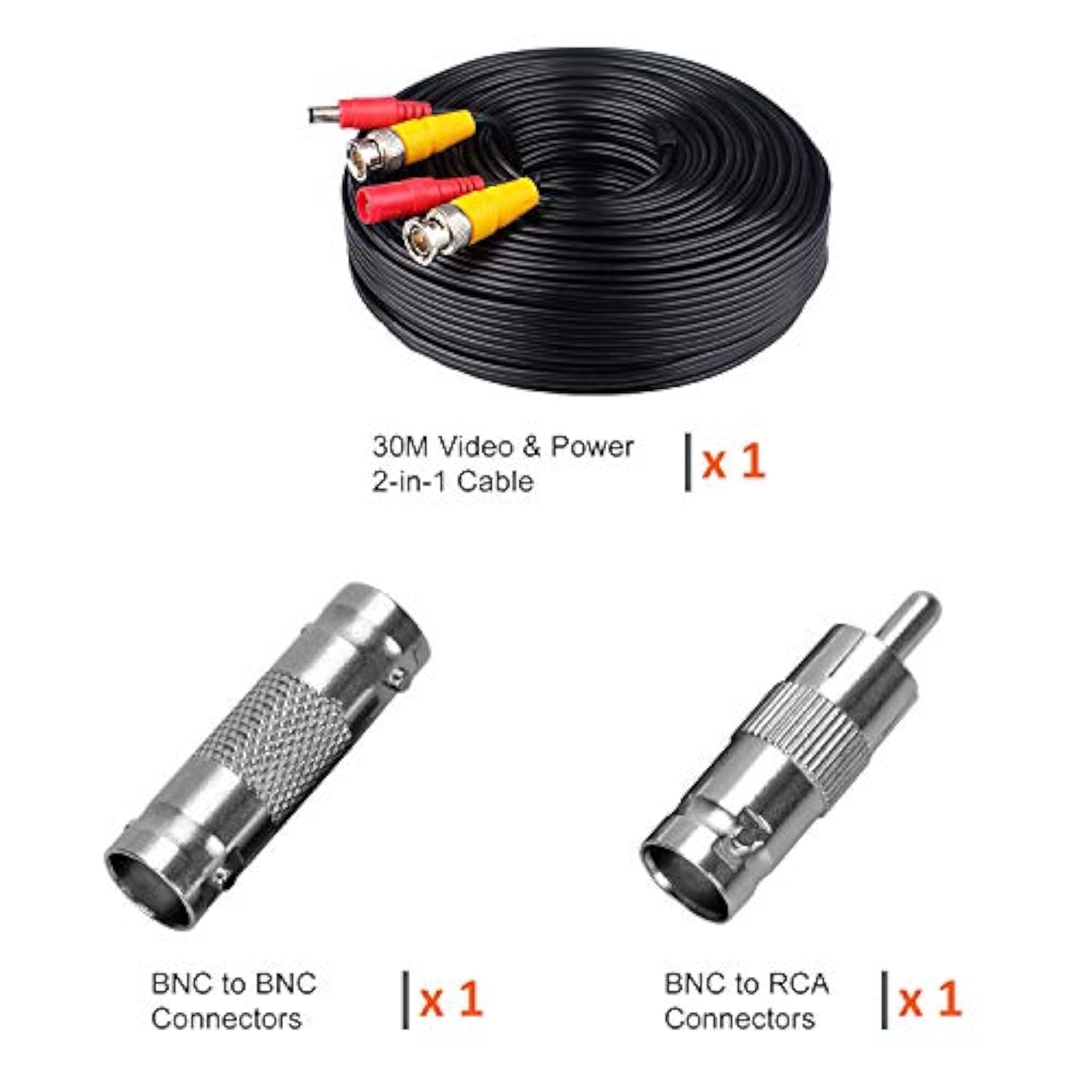 100Ft 30M Bnc Cable Security Camera Wire Cord With Bnc Connectors And Rca Adapters Video Power Cable For Cctv Camera Surveillance Kit And Security Camera System,Black