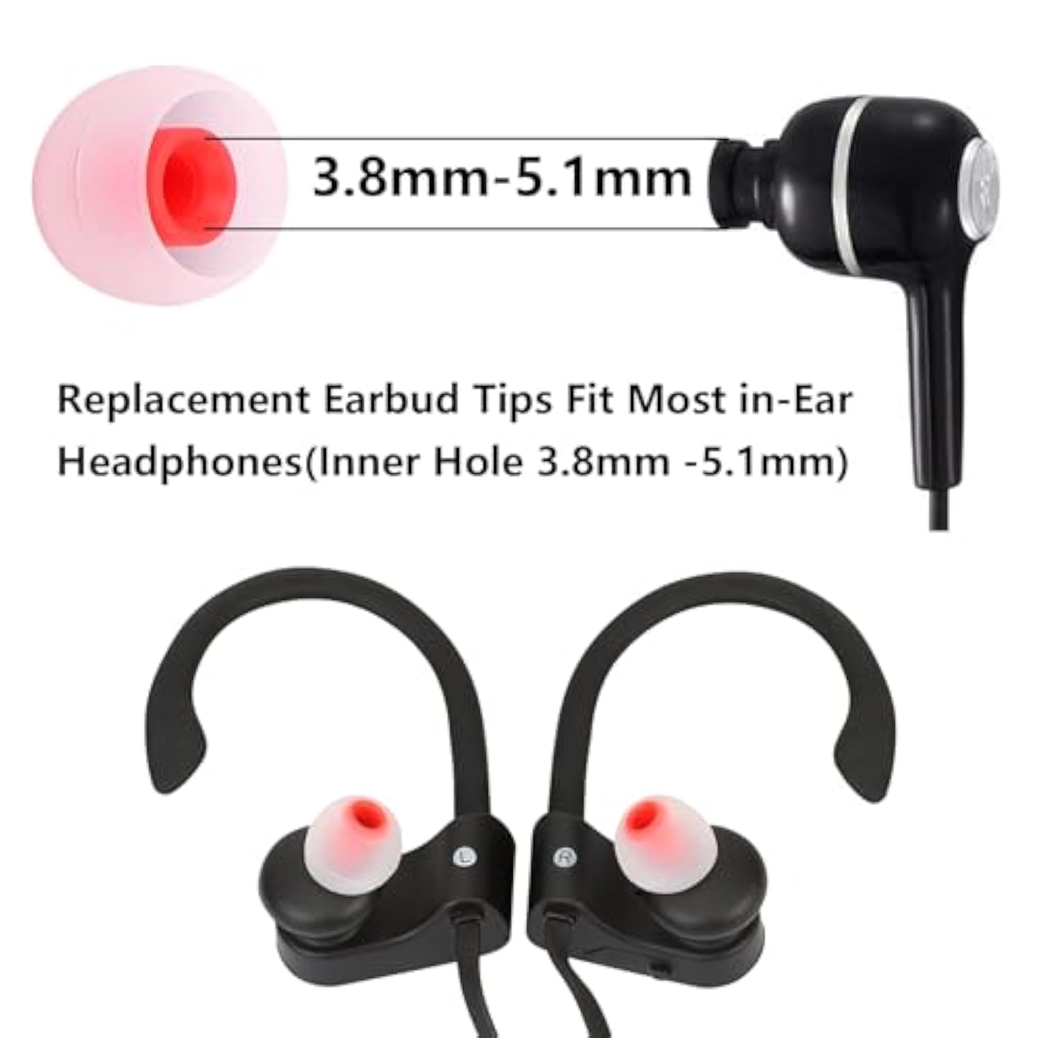 Earbud Replacement Tips Silicone Earbud Tips Earbud Covers Fit For In-Ear Headphones (Inner Hole 3.8Mm -5.1Mm) Eartips Earbud Rubber Tips 9 Pairs S/M/L, Transparent/Red