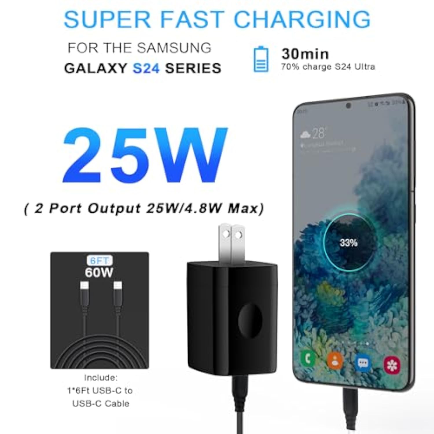Samsung Charger Block 2 Port 25W Super Fast Charging Android Cable For Samsung Galaxy A17 S25 Edge A15 A55 A35 A25 S24 Ultra A14 A54 A13 5G S23 Iphone 16, 60W 6Ft Usb C Cord Phone Wall Charger Adapter