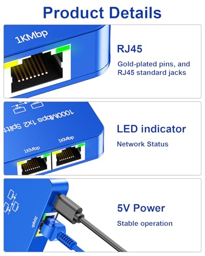 Ethernet Splitter 1 To 2 With Ethernet Cable, Gigabit Rj45 Internet Splitter Adapter 1000Mbps High Speed For Cat 5/5E/6/7/8 Cable, Blue