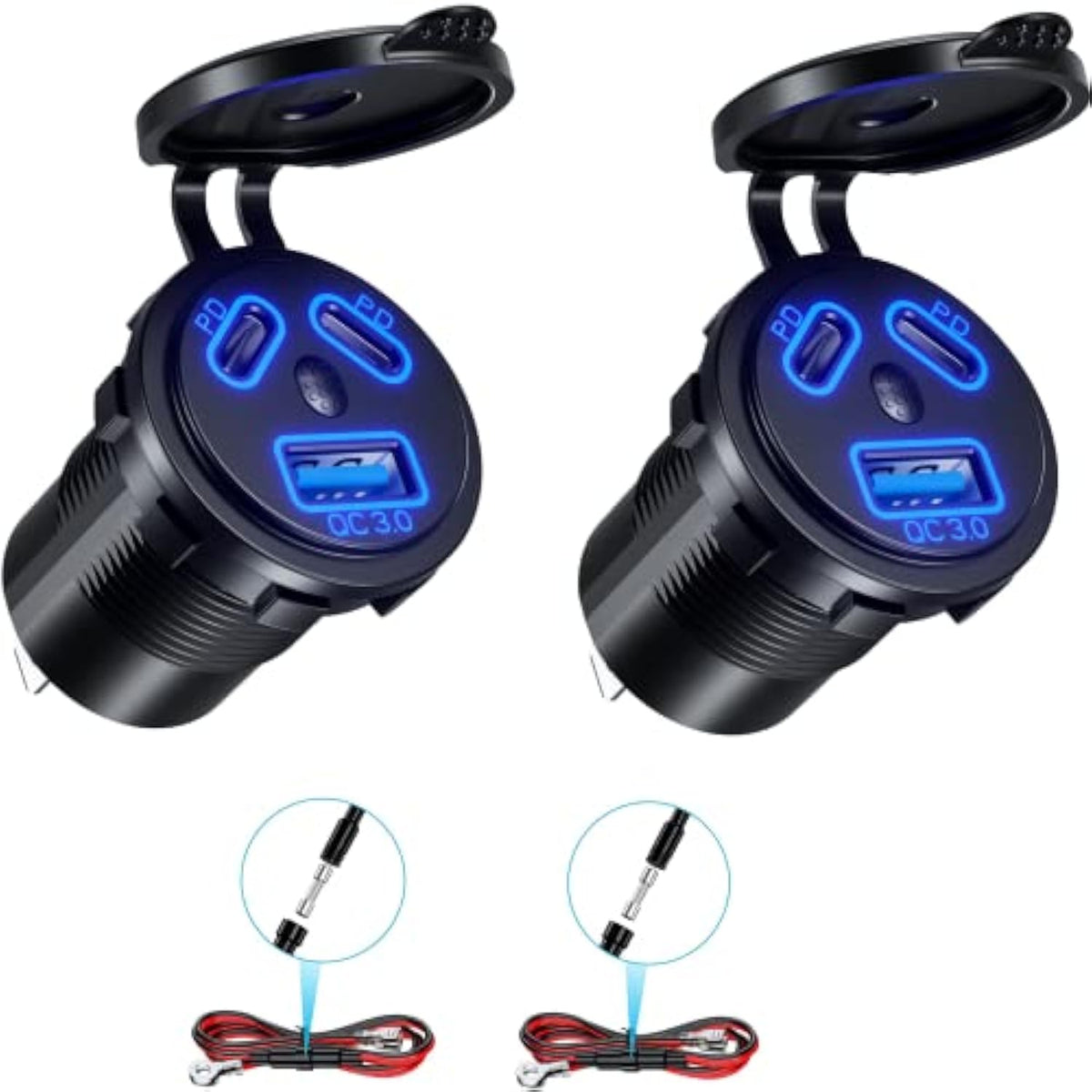 2 Pack 12V Usb Outlet Wired Charger Multi Port, Dual Pd3.0 & Qc 3.0 Multiple Port For Car, Usb Socket With Power Switch, Fast Charger For Tablet, Suitable For Car Boat Rv Marine Atv