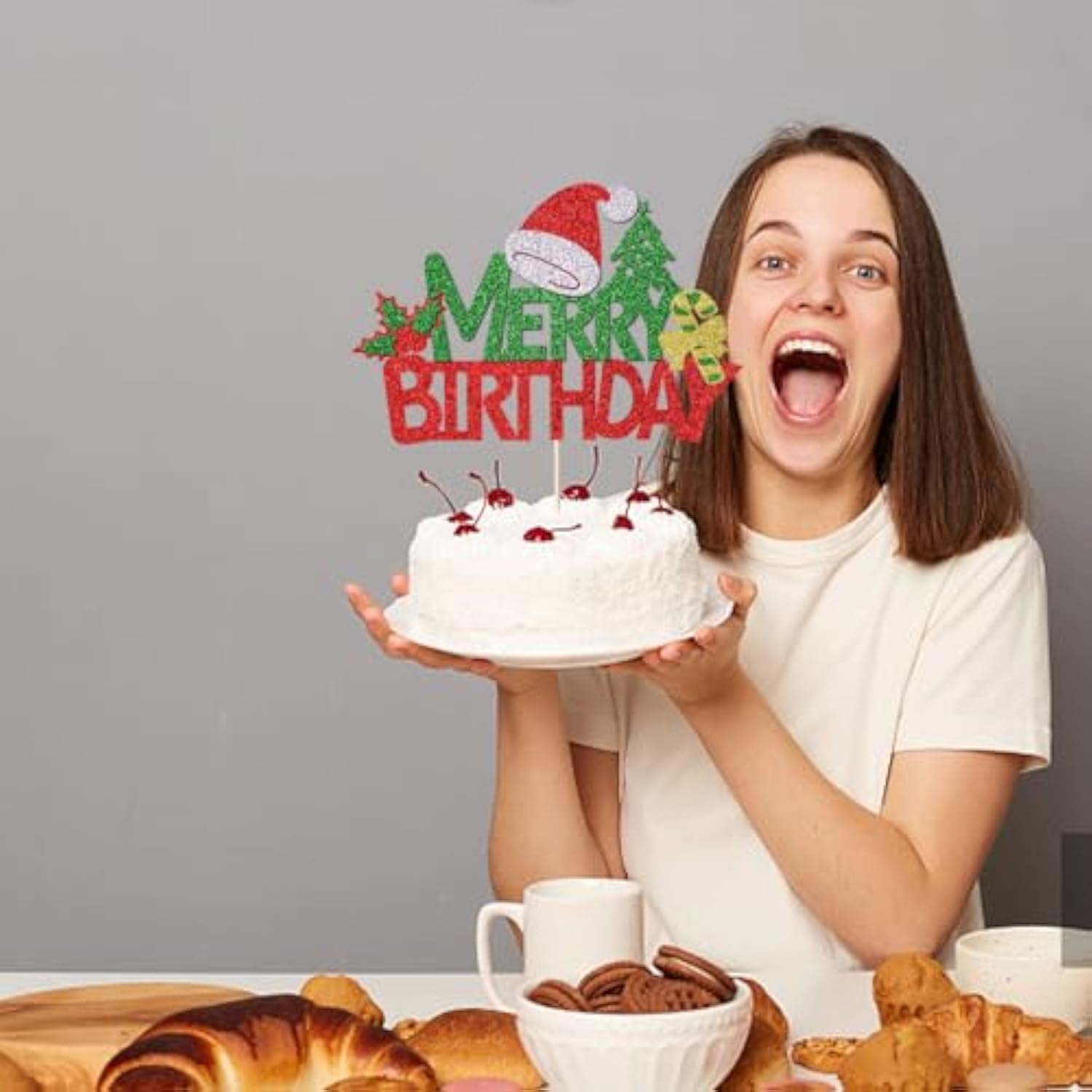 Merry Birthday Cake Topper,New Year Christmas Holiday Party Supplies,Red & Green Glitter Christmas Cake Decorations?Winter Holiday Cake Picks-Christmas Birthday Party Supplies(Birthday 2)