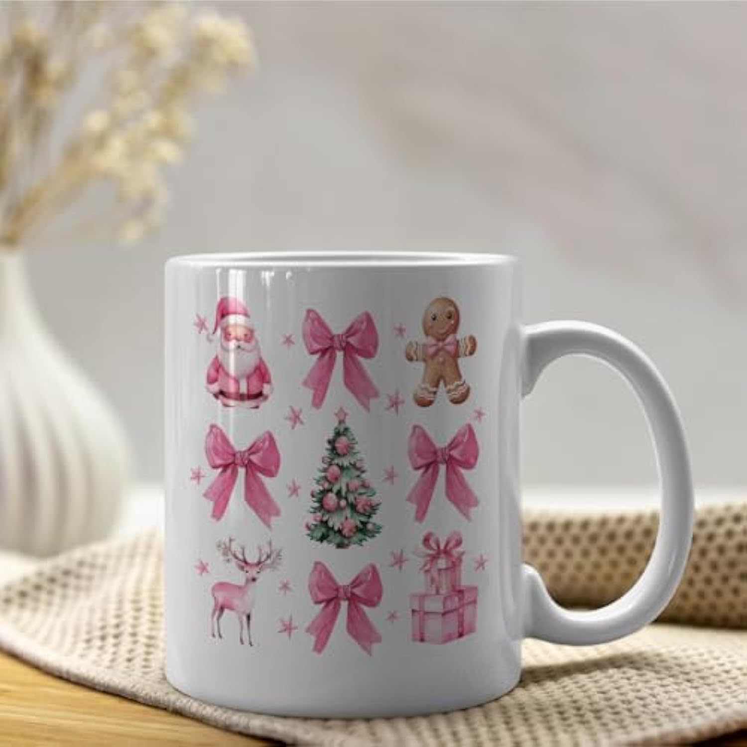 Bow Mug,Bow Cups,Pink Christmas Mug,Christmas Coffee Cups,Funny Christmas Coffee Cup,Merry Christmas Gifts For Women Men,Pink Bow Lovers Gift,Bow Coffee Mug 11Oz Cup,Pink Bow Mug