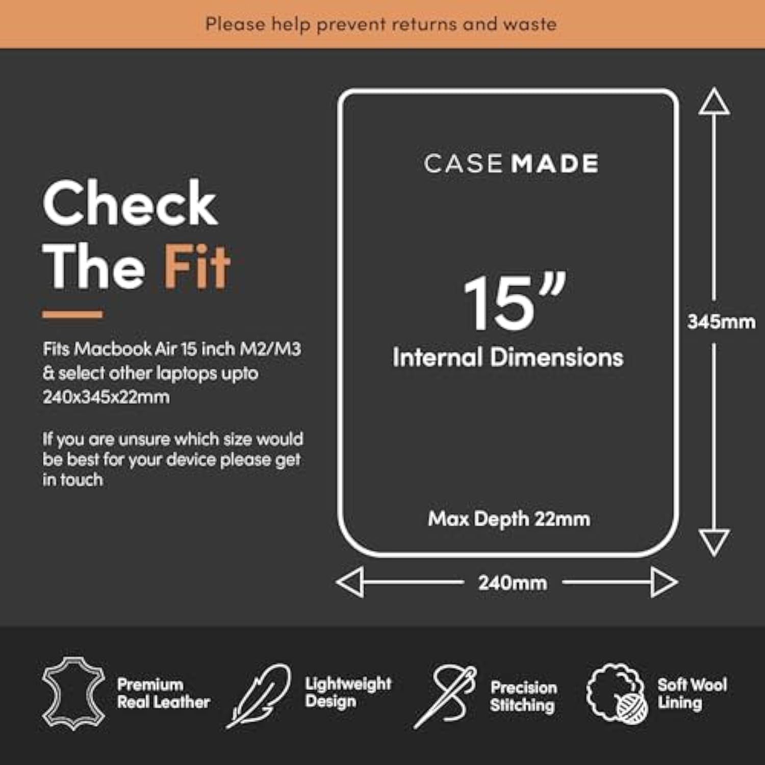 Real Leather Laptop Sleeve For Macbook Pro & Air Fits 13, 14, 15 & 16 Inch - Genuine Full Grain Leather With Soft Wool Lining (15 Inch - Air M2/M3)