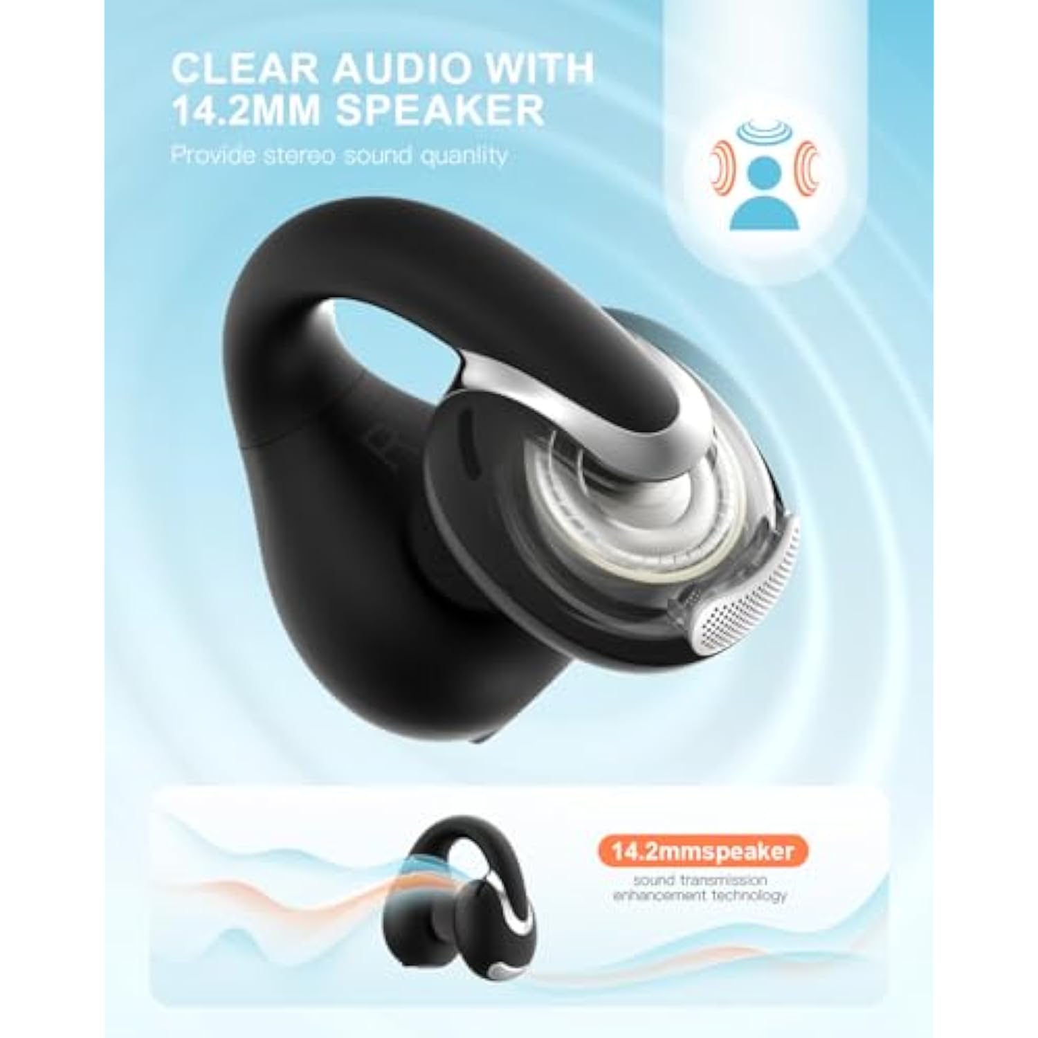 Open Ear Clip Wireless Earbuds Bluetooth 5.4, Lightweight Comfort Sports Bone Conduction Headphones Built-In Mic For Clear Audio, Stable Fit Earphones 24H Play-Black