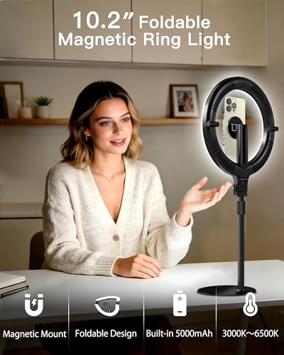 10.2 Magnetic Desk Ring Light with Stand, 5000mAh Rechargeable Desktop Ring Light for Phone?3 Color Foldable Selfie Light for Live