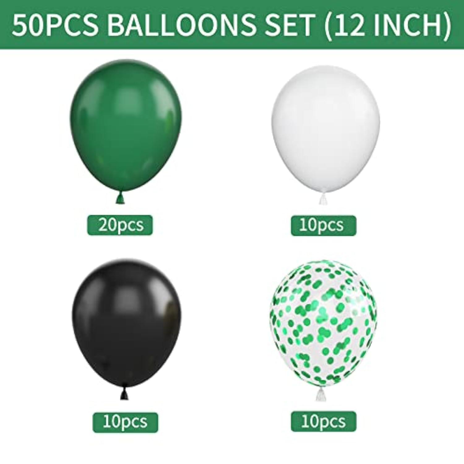 50-Pack 12-Inch Green, Black, and White Balloons with Confetti for Themed Parties