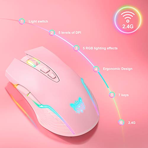 RGB Wireless Gaming Mouse, Pink, Rechargeable, Ergonomic Design, Adjustable DPI, Compatible with Windows, Mac