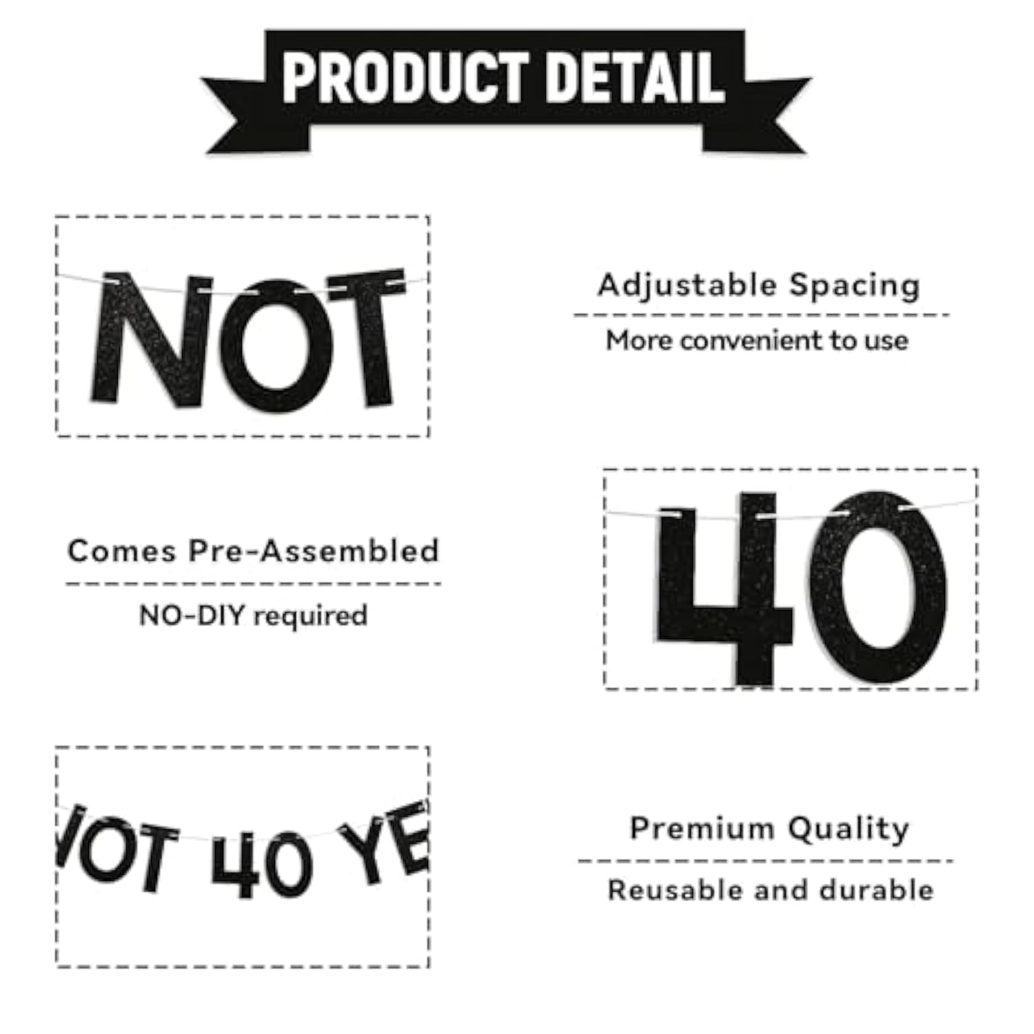 Not 40 Yet Banner – Funny Black Glitter 39th Birthday Party Decoration Sign