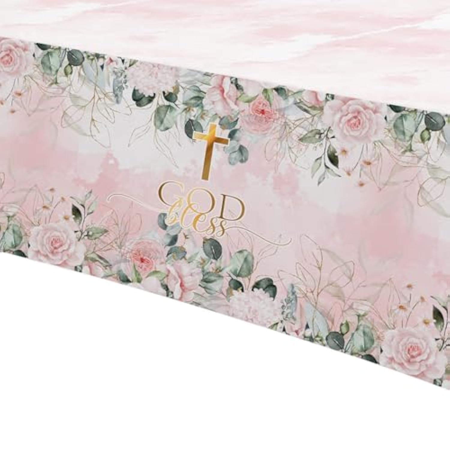 God Bless Baptism Decorations Tablecloth Girls - First Communion Decorations Party Table Cover, Pink Christening Celebration Baby Shower Religious Table Cloth, 3 Pack (54In X 108In)