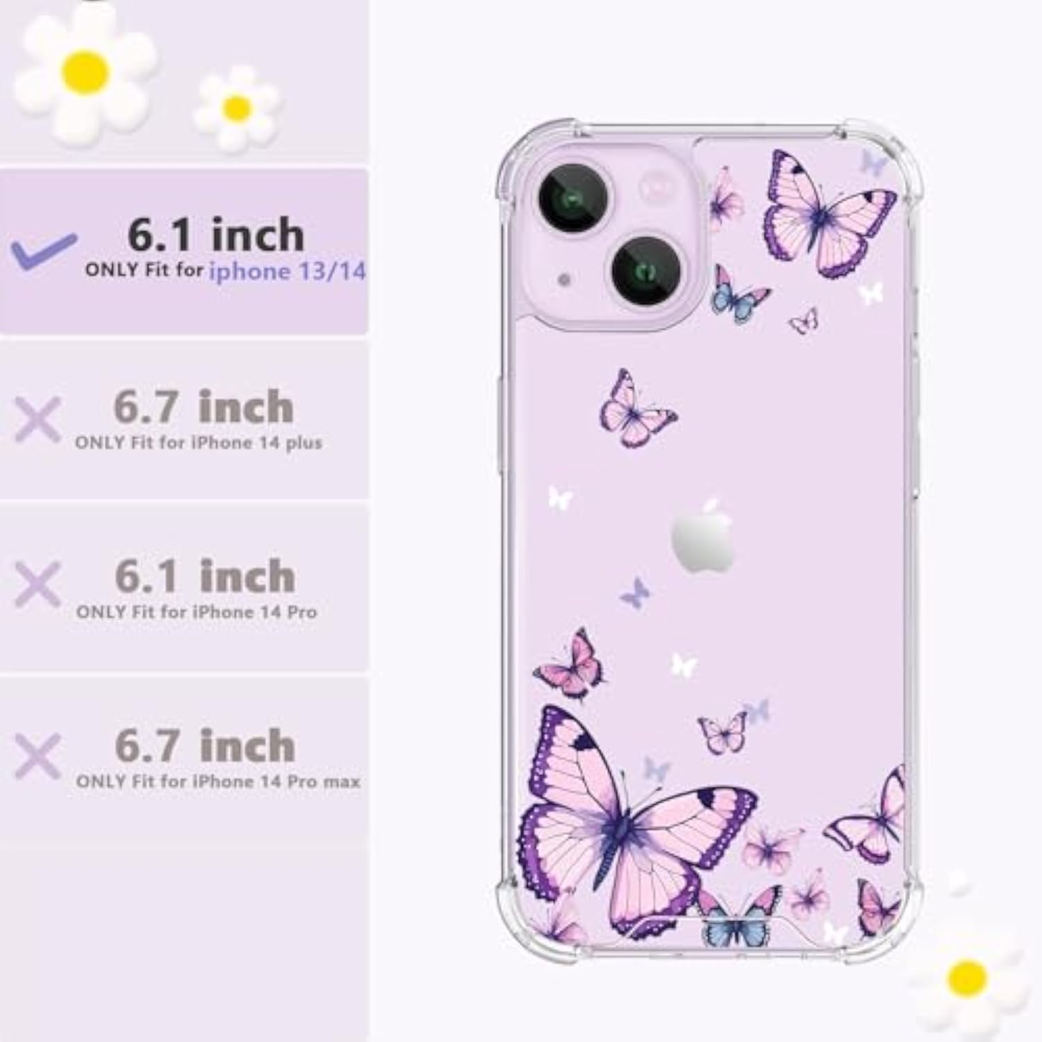 Crystal Clear Protective Phone Case for iPhone 13 and 14 6.1 Inch, Alluring Purple Butterfly Design, Soft Shockproof Clear Phone Cover for Women and Girls