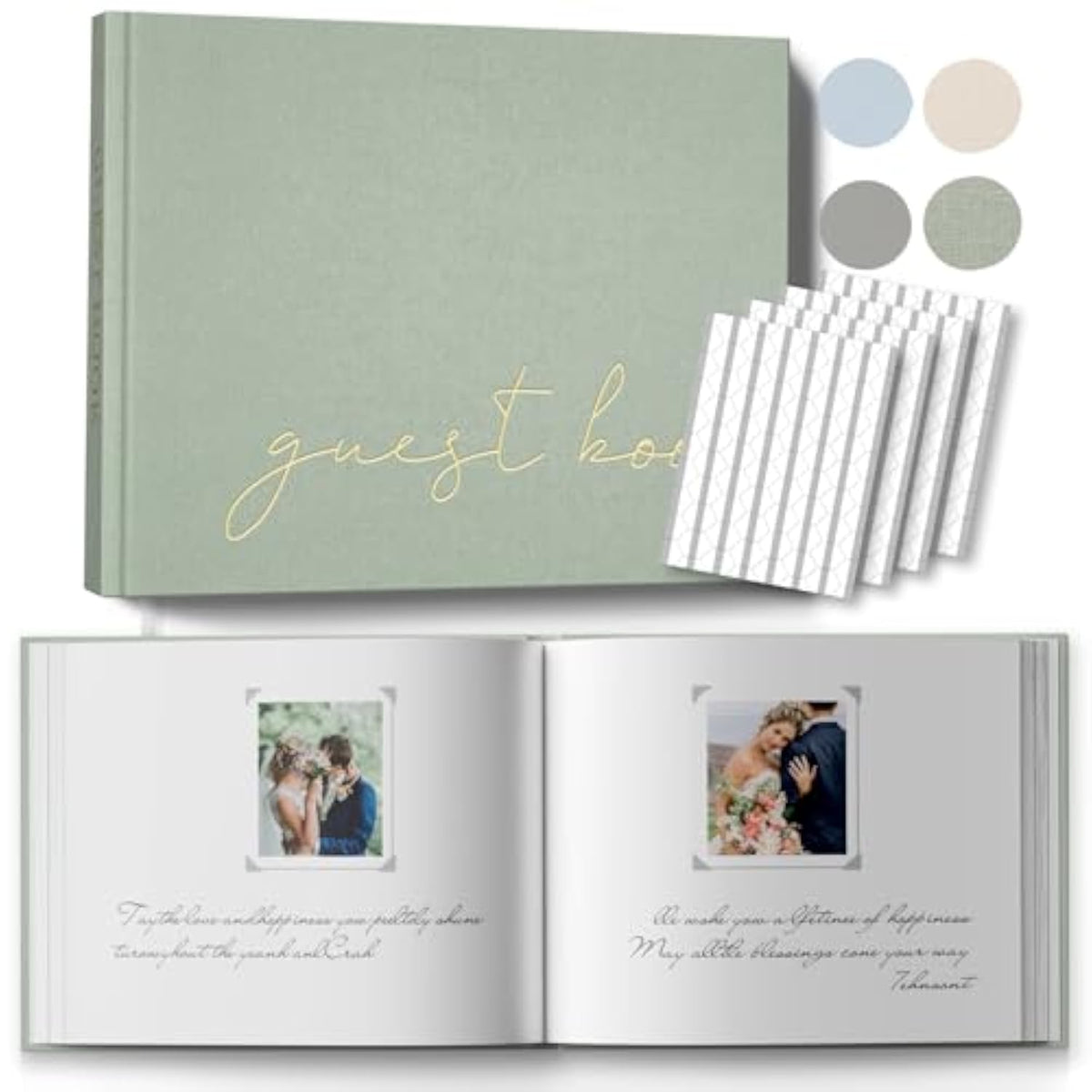 Wedding Guest Book With Table Sign And 216 Photo Corners Stickers, Linen Polaroid Guest Book For Wedding?Baby Shower - 100 Blank Pages Guestbook For Sign In And Photos- Sage 8”X10”