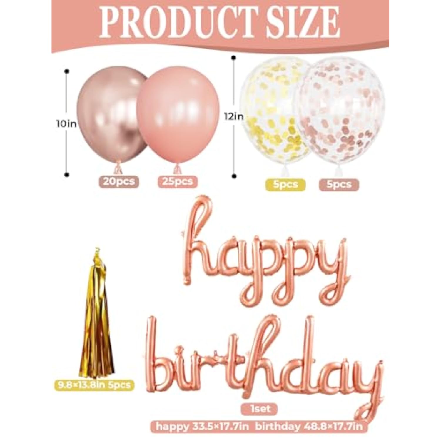 Rose Gold Happy Birthday Decorations For Women And Girls – Rose Gold Balloons, Happy Birthday Banner, Foil Crown Love Balloons With Fringe Curtain For Birthday Party Supplies