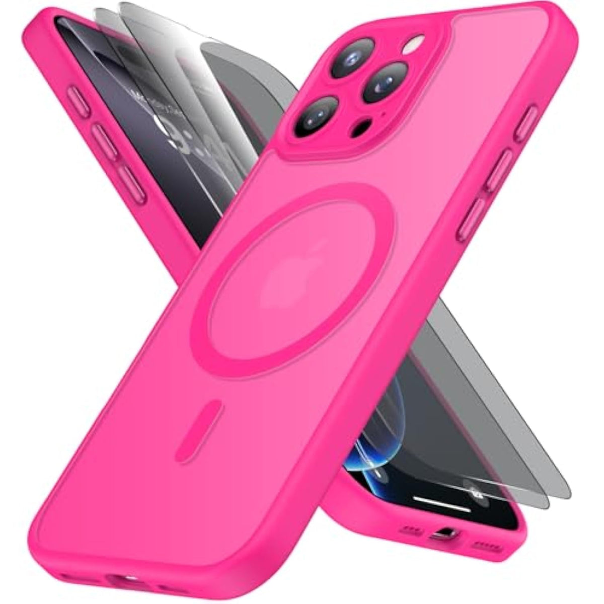 Magnetic For Iphone 16 Pro Max Case With 2 Privacy Screen Protectors - Upgraded Camera Protection - Wireless Charging Compatible,21Ft Drop Tested,Slim Fit Matte Phone Case - Hot Pink