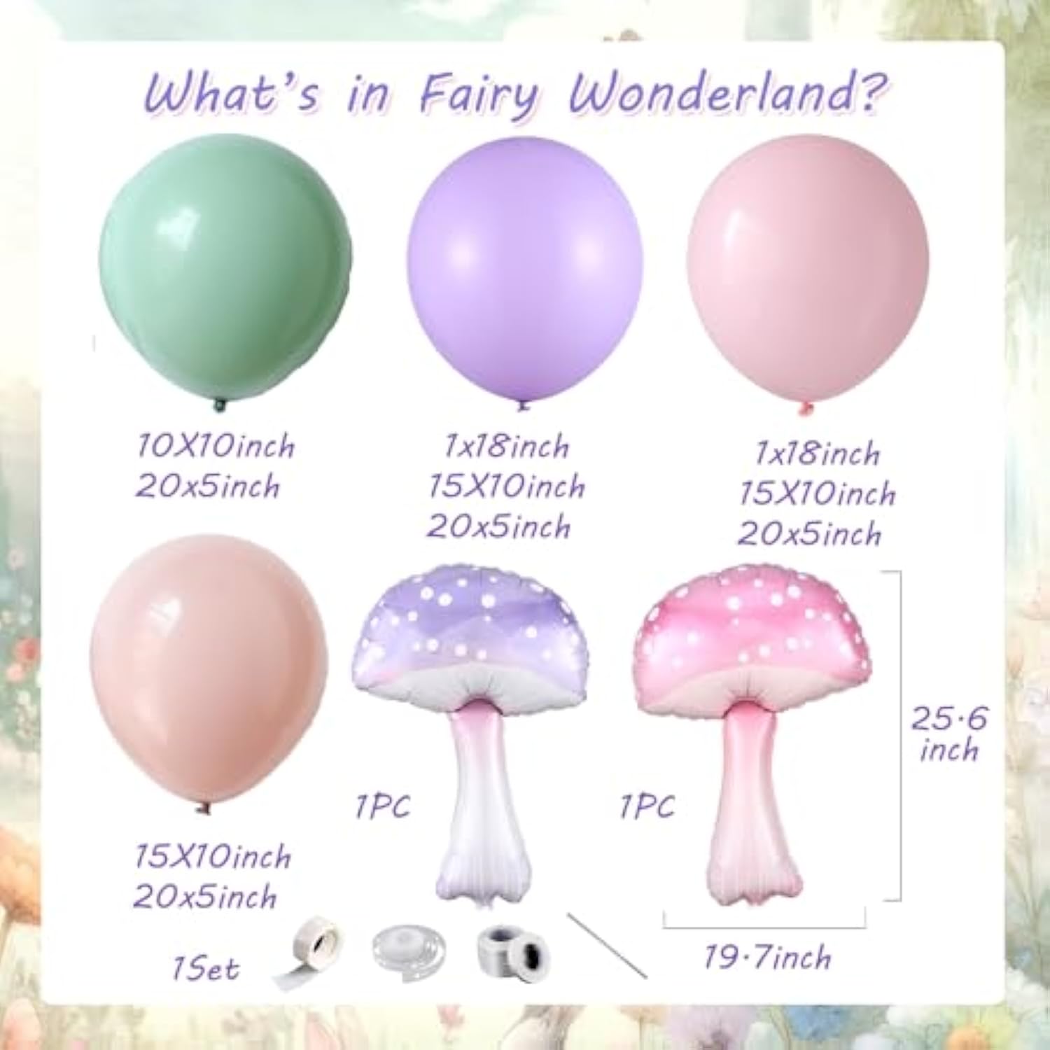 143Pcs Fairy Wonderland Balloon Arch Garland Kit, Pastel Pink Purple Dusty Green Latex Balloons With Mushroom Foil Balloons For Girls Fairytale Birthday Spring Baby Shower Garden Tea Party Decorations