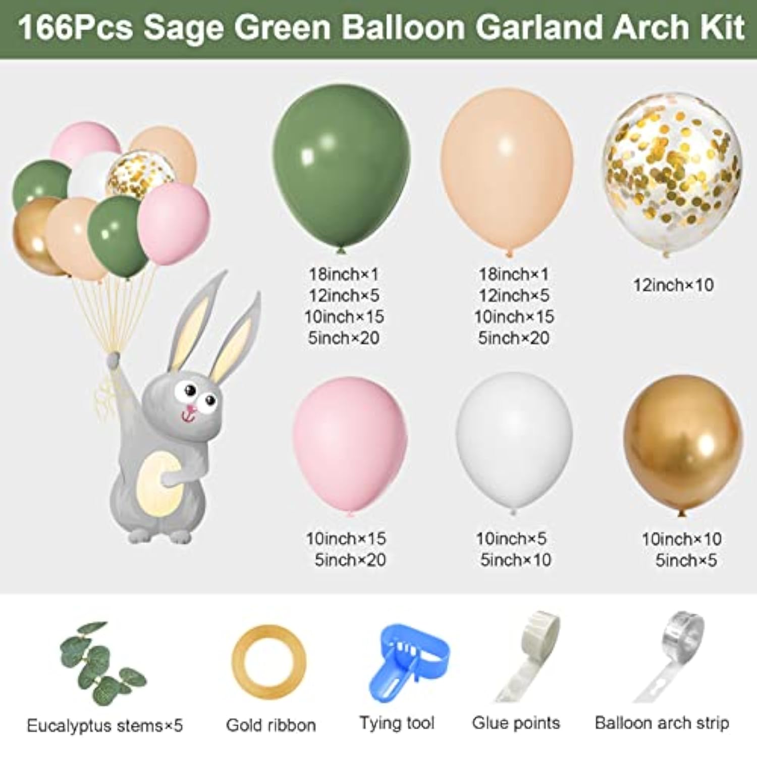 166Pcs Sage Green Balloon Garland Arch Kit Olive Green Blush Peach White Gold Balloons Artificial Eucalyptus Stems Jungle Safari Baby Shower Birthday Party Baptism Decorations For Boys Girls