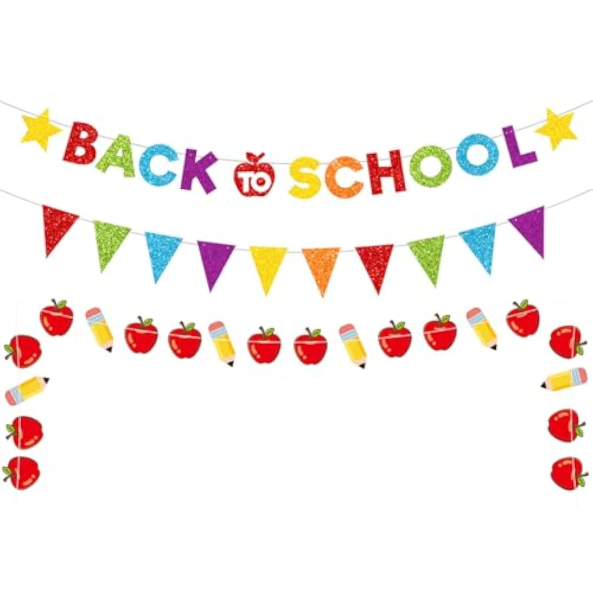 Glitter Back To School Banner And Pennant Banner Colorful Glittery First Day Of School Garland Welcome Back Party Fireplace Mantle Decorations Home Classroom Office Photo Booth Props