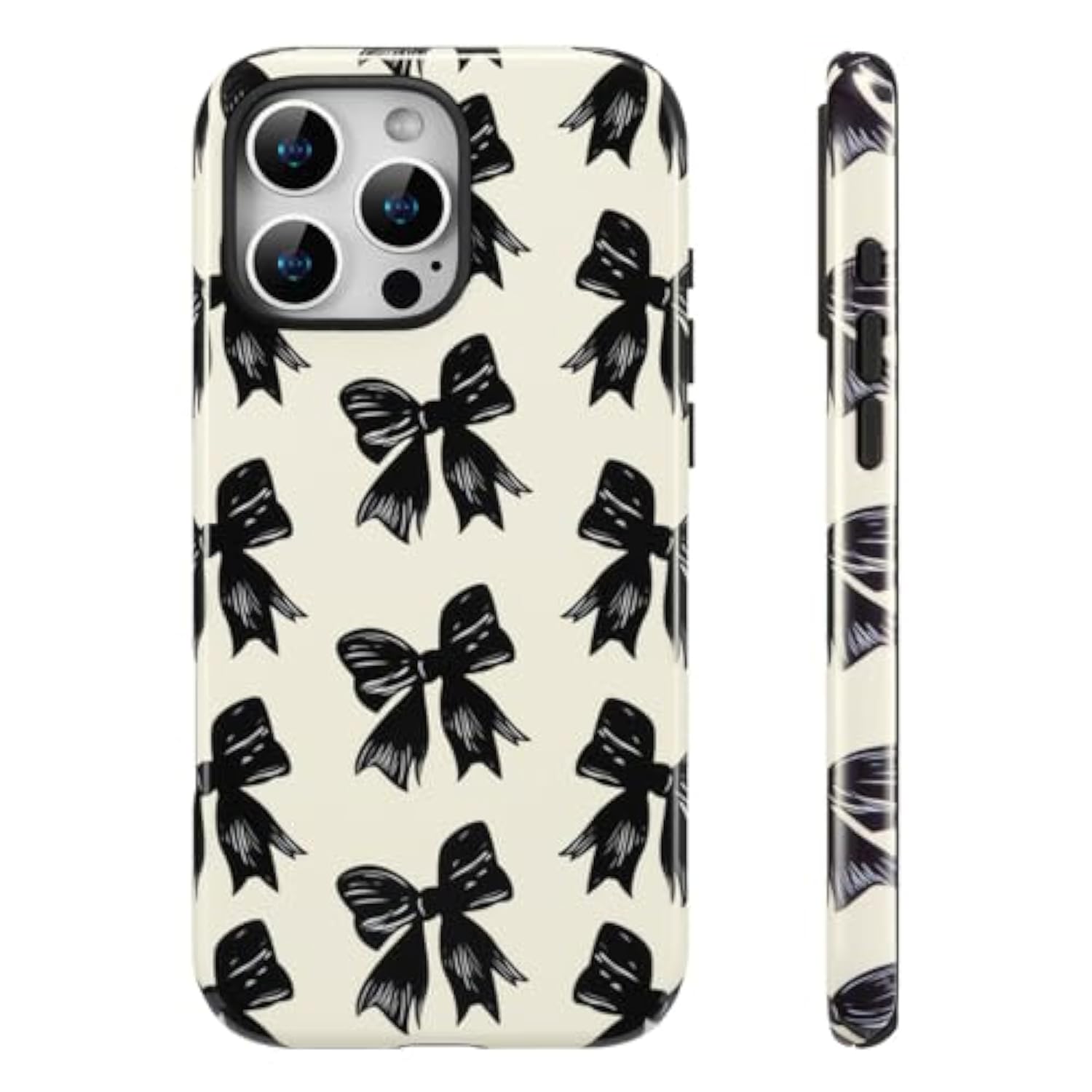 Case For Iphone 16 Pro Max, Aesthetic Black Ribbon Bow Phone Case For Girls Women, Protective Hybrid 2-Layer Hard Shell Silicone Cover Durable Shockproof Phone Cover - Beige