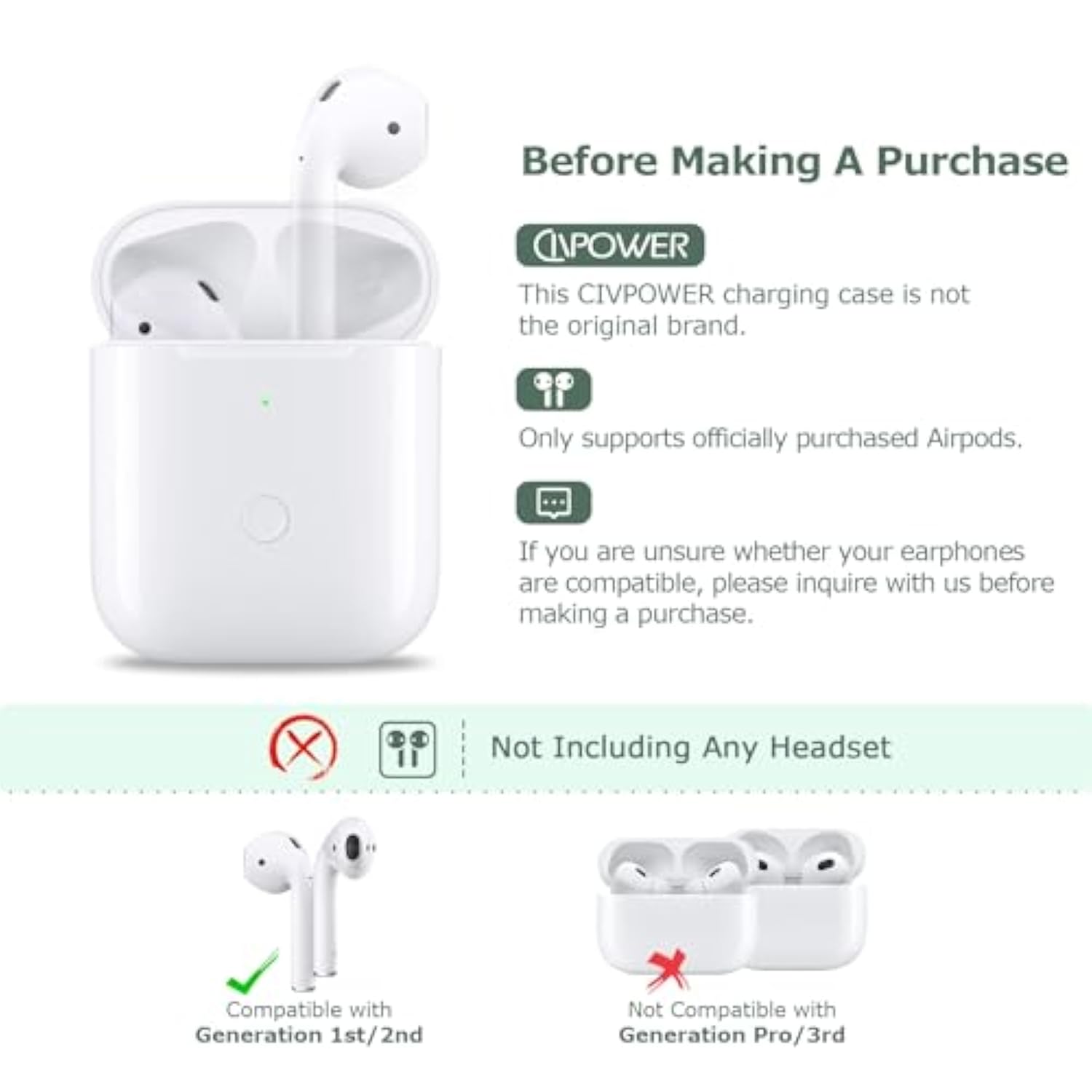 Wireless Charging Case Compatible With Airpods 1 2?Air Pods Charger Case Replacement With Bluetooth Pairing Sync Button?No Aipods (White)