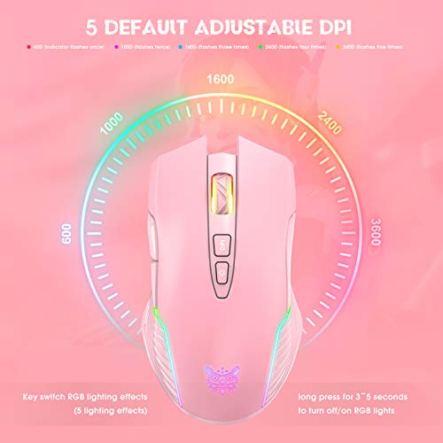 RGB Wireless Gaming Mouse, Pink, Rechargeable, Ergonomic Design, Adjustable DPI, Compatible with Windows, Mac