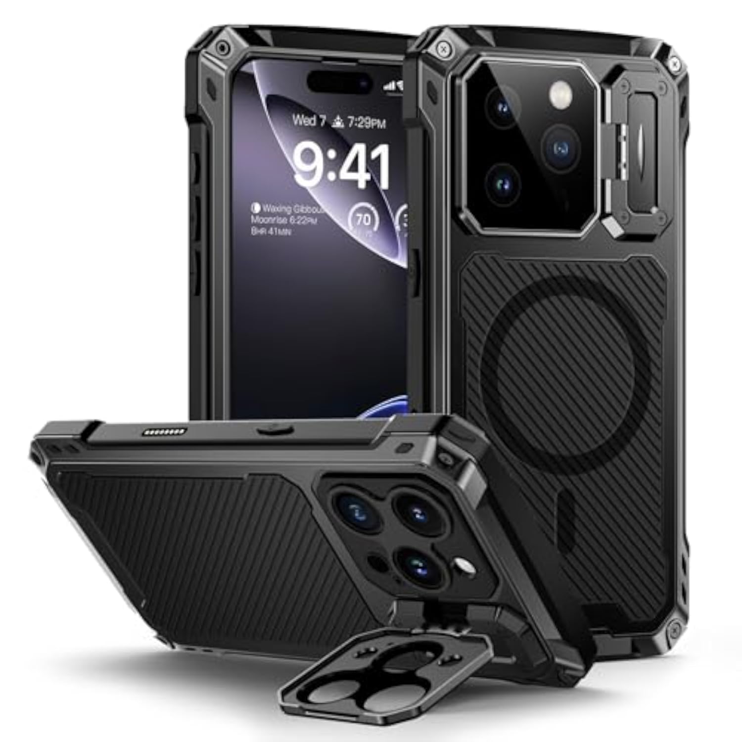 Heavy Duty Rugged Magnetic Phone Case for iPhone 16 Pro with Camera Cover and Stand, Black, Built-in Kickstand, Military-Grade Protection, Compatible with MagSafe