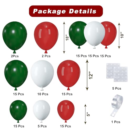 Christmas Balloon Arch Kit, 124pcs Green White Red Balloons with 16ft Tape Strip & Dot Glue for Christmas Birthday Baby Shower Wedding Party Decorations