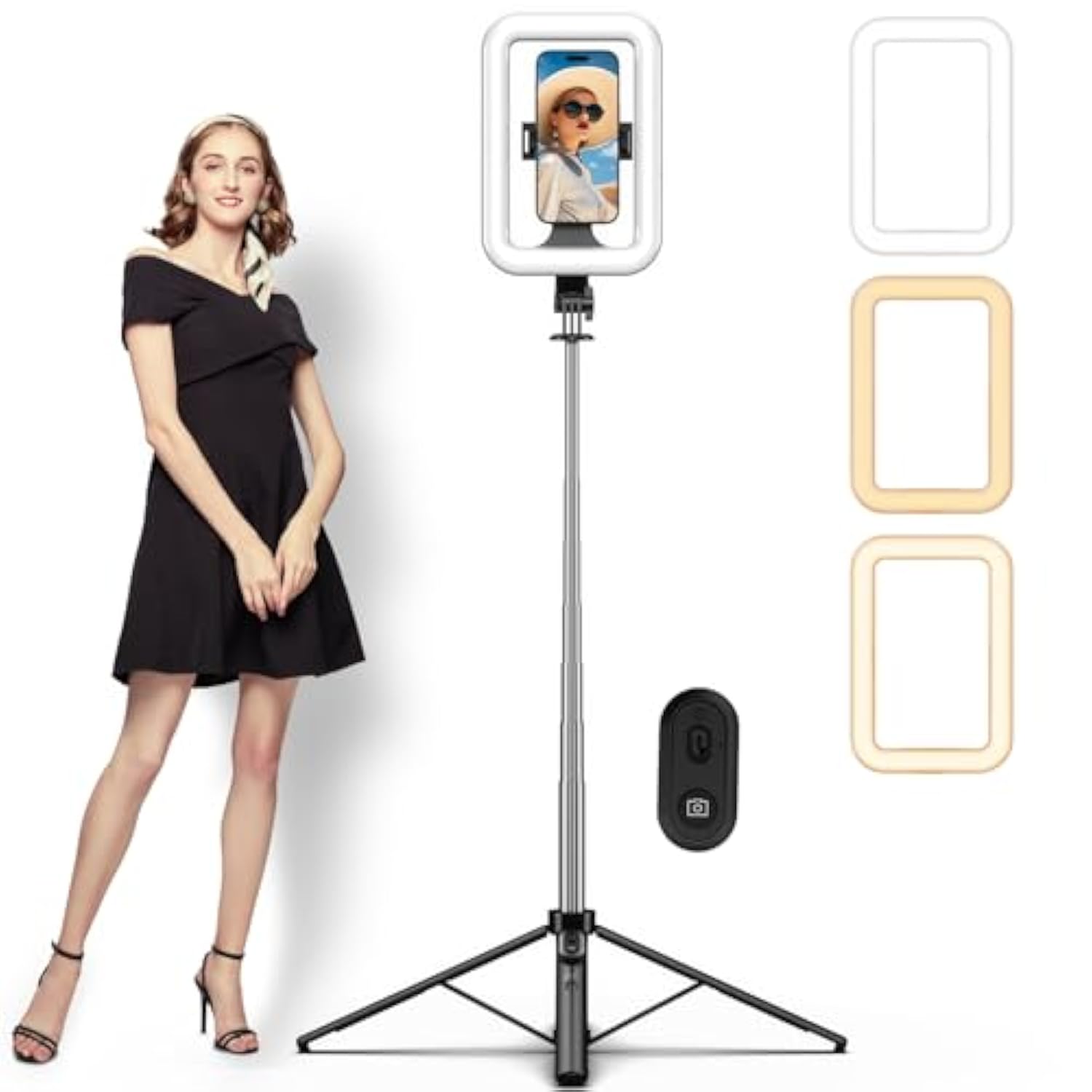 Led Selfie Light With Stand,8" Led Selfie Rectangular Light For Makeup/Live Stream,Dimmable Led Light With Tripod,Phone Holder&Wireless Remote For Photography/Youtube/Video Recording