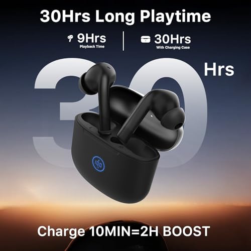 Wireless Earbuds Bluetooth Headphones, Bluetooth 6.0, 30Hrs Playtime with LED Display Charging Case, Smart ENC Clear Calls, Dual Device Connection,