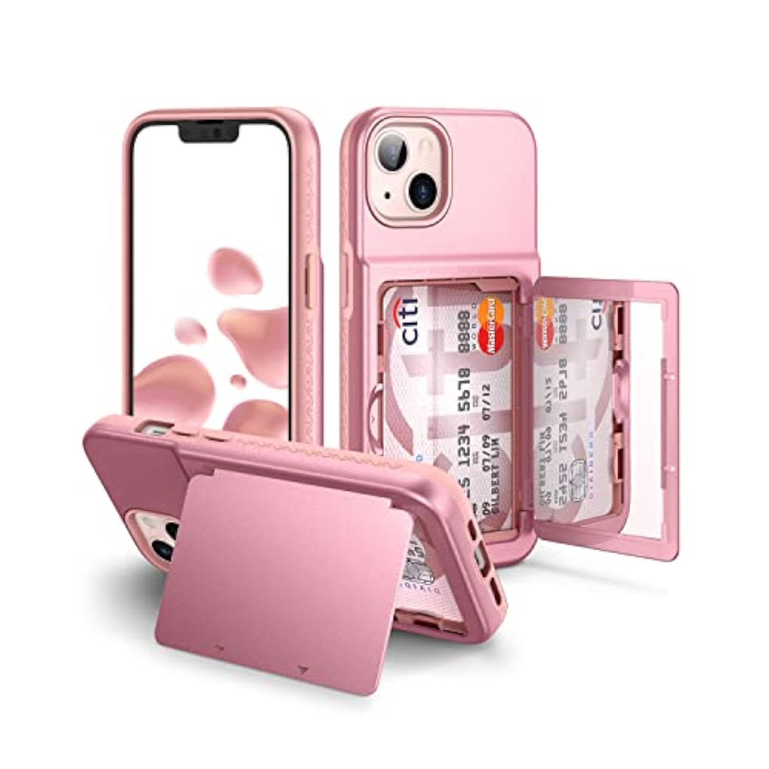 For Iphone 13 / Iphone 14 Wallet Case With Credit Card Holder & Hidden Mirror, Two Layer Shockproof Heavy Duty Protection Cover Protective Case For Iphone 13/14 6.1 Inch-Rose Gold