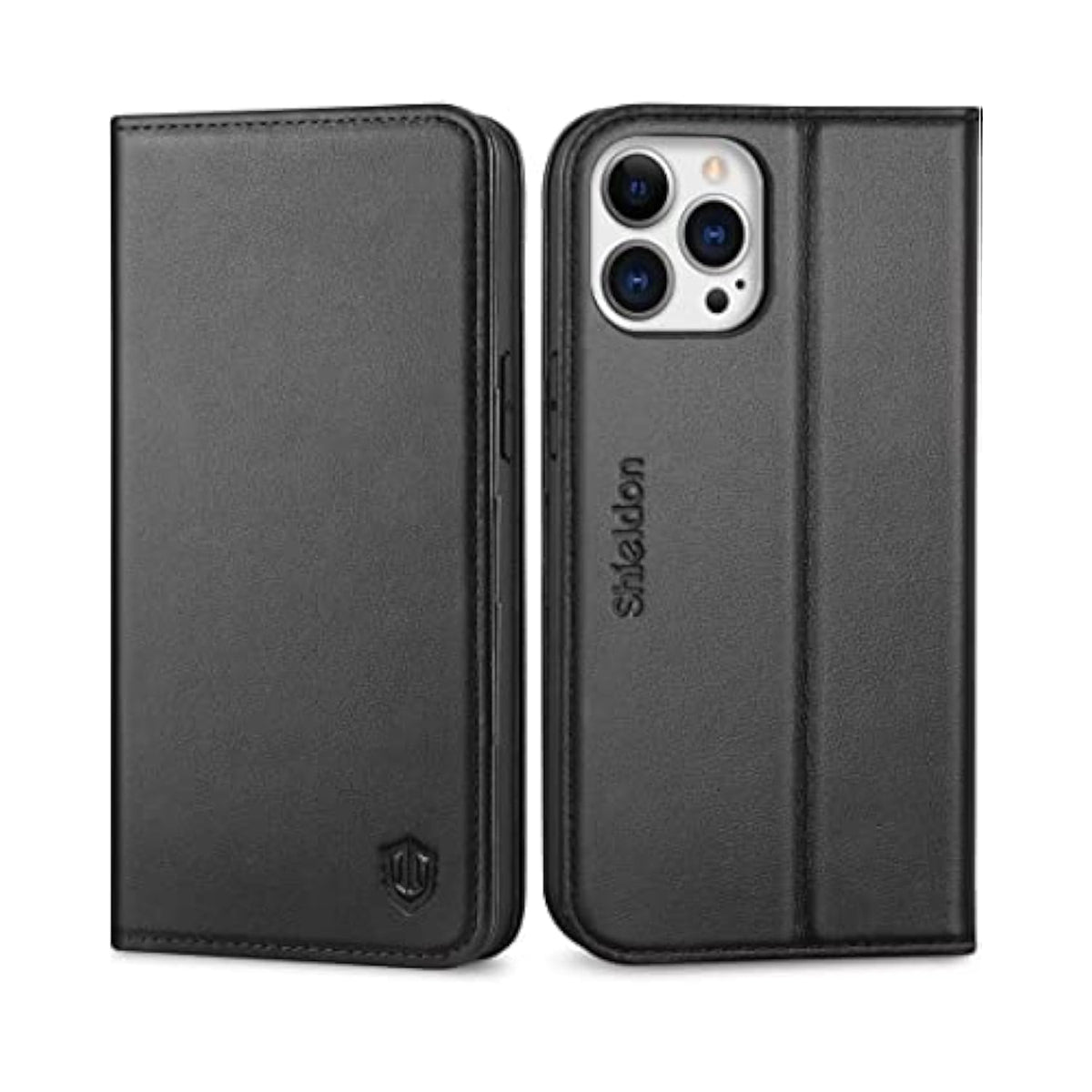 SHIELDON Case for iPhone 13 Pro Max 5G, Genuine Leather Wallet Case Magnetic Folio Shockproof Cover Kickstand RFID Credit Card Holder Compatible with iPhone 13 Pro Max 5G (6.7" 2021 Release) - Black