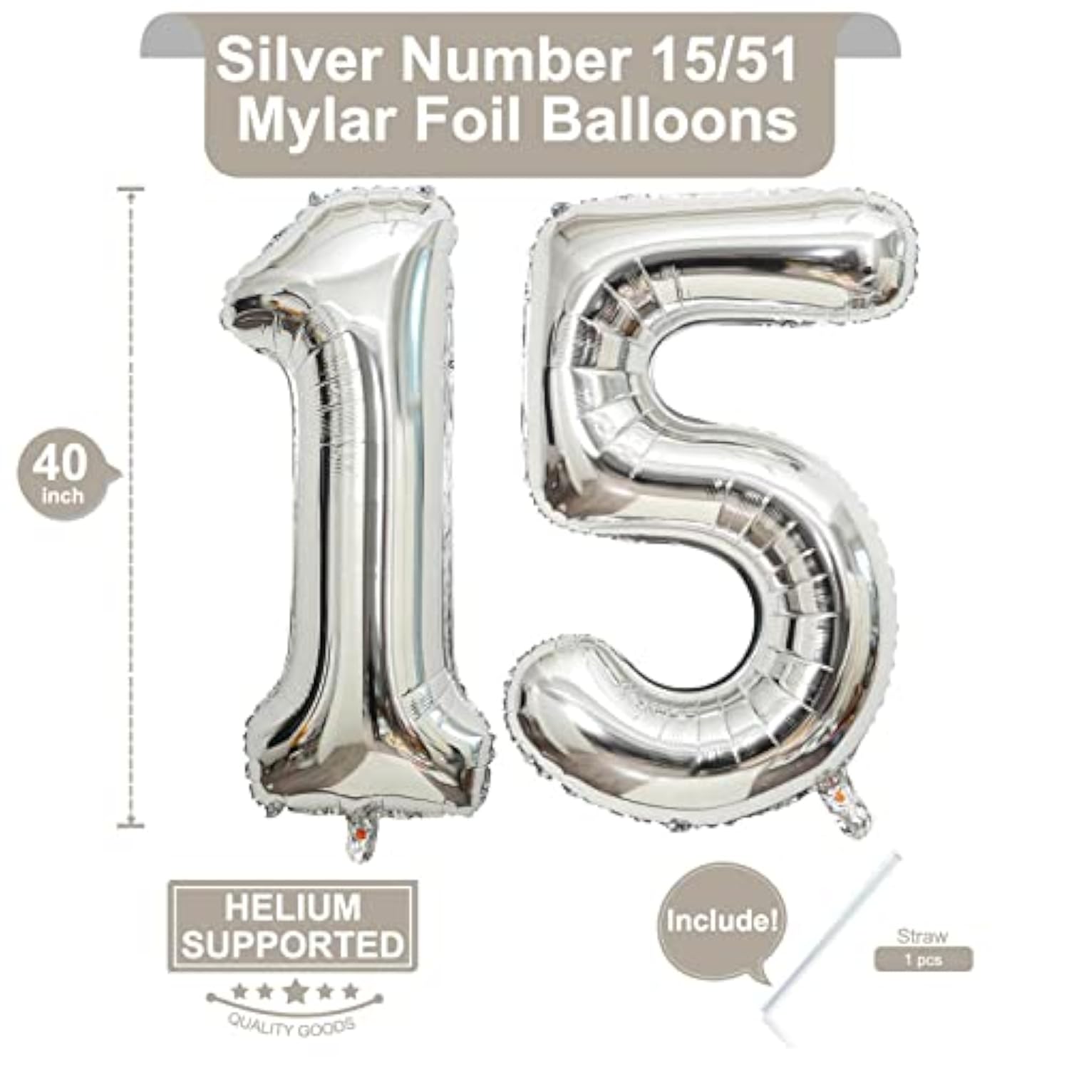 40" Silver Number Balloons – Giant “15” or “51” for 15th Birthday & Anniversary Party Decor