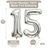 40 Inch Silver 15 Number Balloons Giant 15 Or 51 Balloons Silver Birthday 15 Balloons 15Th Birthday Anniversary Party Decorations Supplies