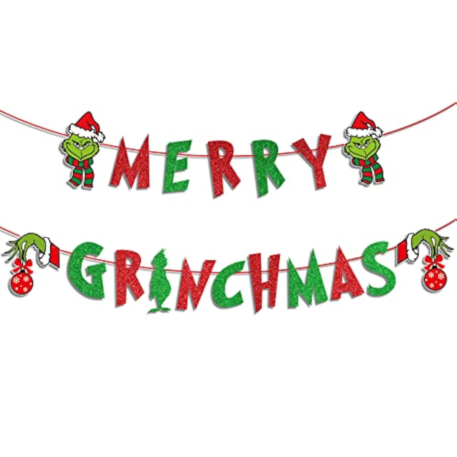Glitter Merry Christmas Banner - Red Green Glittery Xmas Garland For Home Wall Mantle Fireplace Party Decorations And Supplies