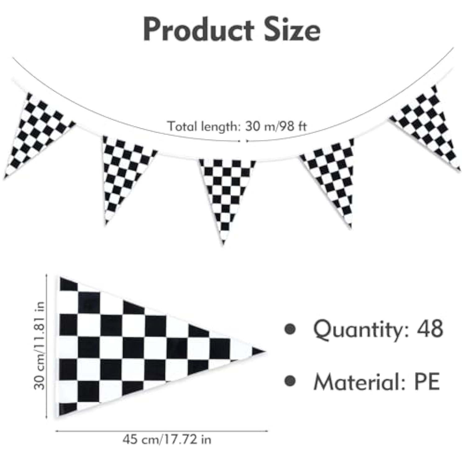 98 Ft Checkered Flag Banner: 48 Pcs Black & White Pennants for Racing Party Decor