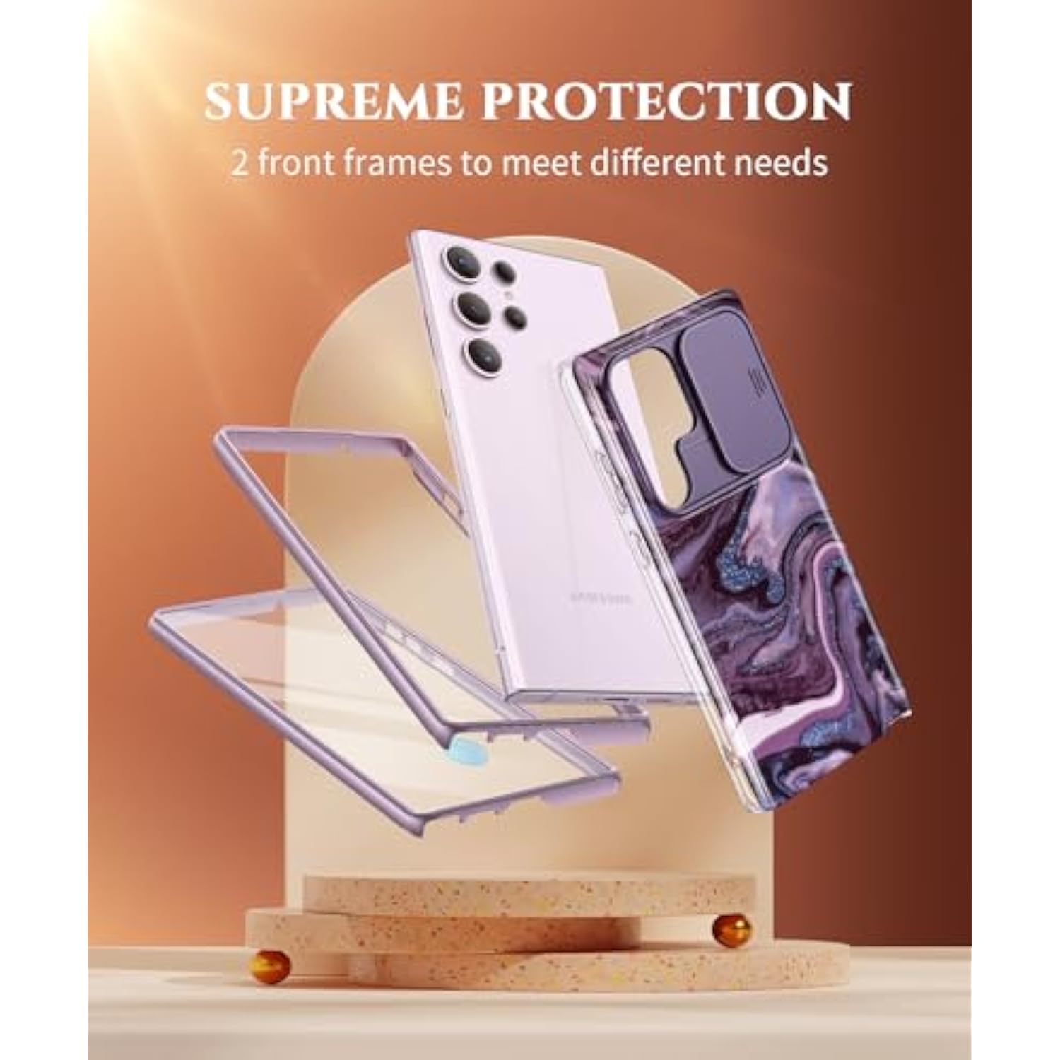 For Samsung Galaxy S23 Ultra Case With Slide Camera Cover, [Built-In Screen Protector] [2 Front Frames] Military Grade Shockproof Marble Phone Case Fit S23 Ultra 6.8", Quicksand/Purple