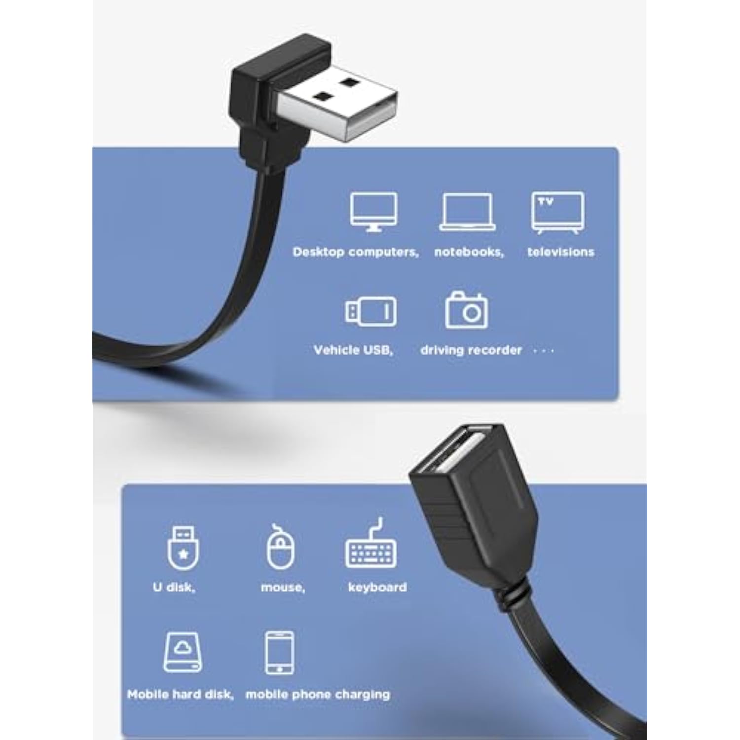 2Pcs Usb Extension Cable Flat 90 Degree Rightangle Male To Female Usb2.0 Cable