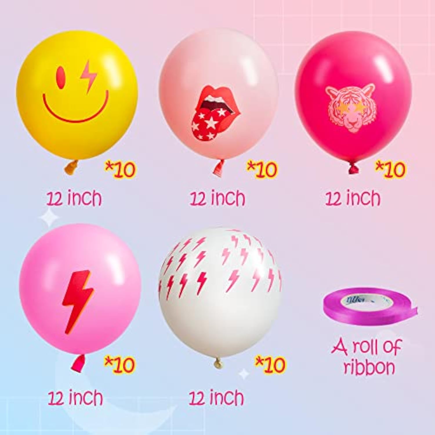50Pcs Preppy Y2K Hot Pink Party Balloons Smile Face Lightning 12Inch Latex Balloon With Ribbon Retro Decoration Supplies For Teen Girls Birthday Bachelorette Early 2000S Theme Party